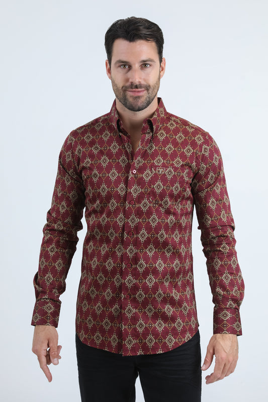 Mens Satin Cotton/Spandex Modern Fit Long Sleeve Burgundy Shirt