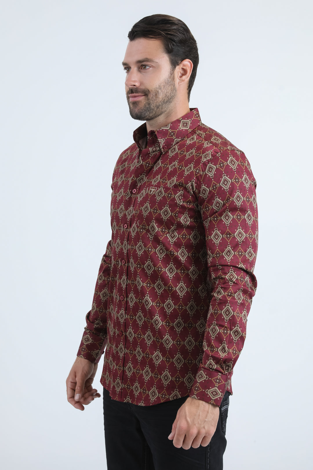 Mens Satin Cotton/Spandex Modern Fit Long Sleeve Burgundy Shirt
