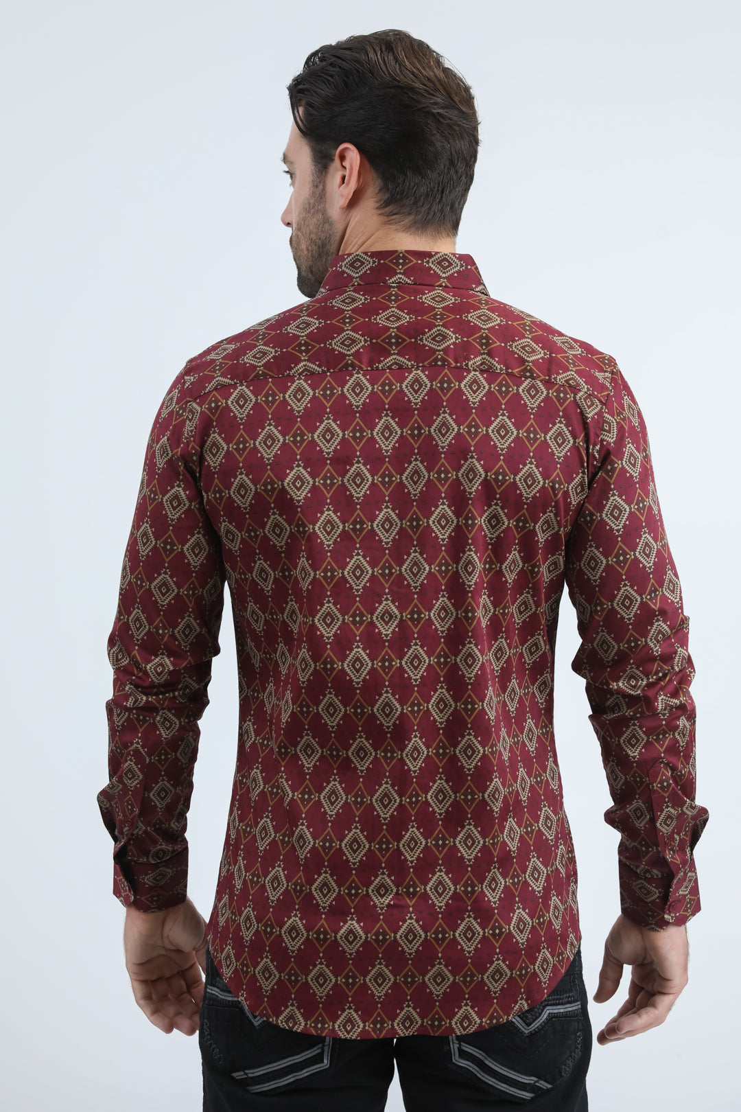 Mens Satin Cotton/Spandex Modern Fit Long Sleeve Burgundy Shirt