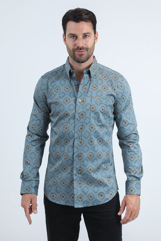 Mens Satin Cotton/Spandex Modern Fit Long Sleeve Slate Shirt