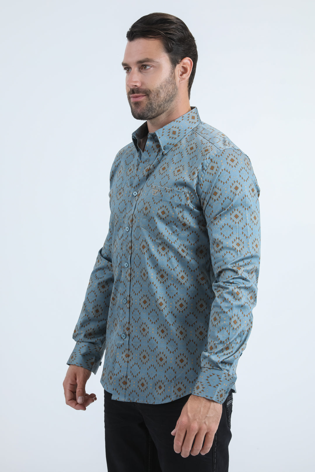 Mens Satin Cotton/Spandex Modern Fit Long Sleeve Slate Shirt