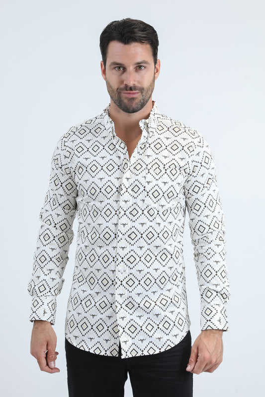 Mens Satin Cotton/Spandex Modern Fit Long Sleeve White Shirt
