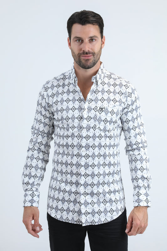Mens Satin Cotton/Spandex Modern Fit Long Sleeve White Shirt