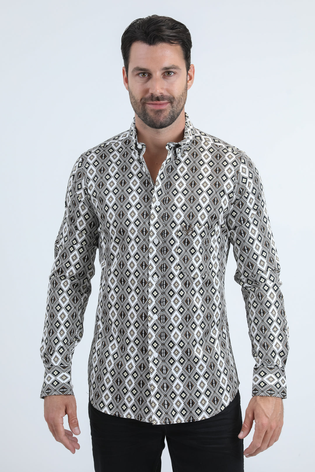 Mens Satin Cotton/Spandex Modern Fit Long Sleeve White Shirt