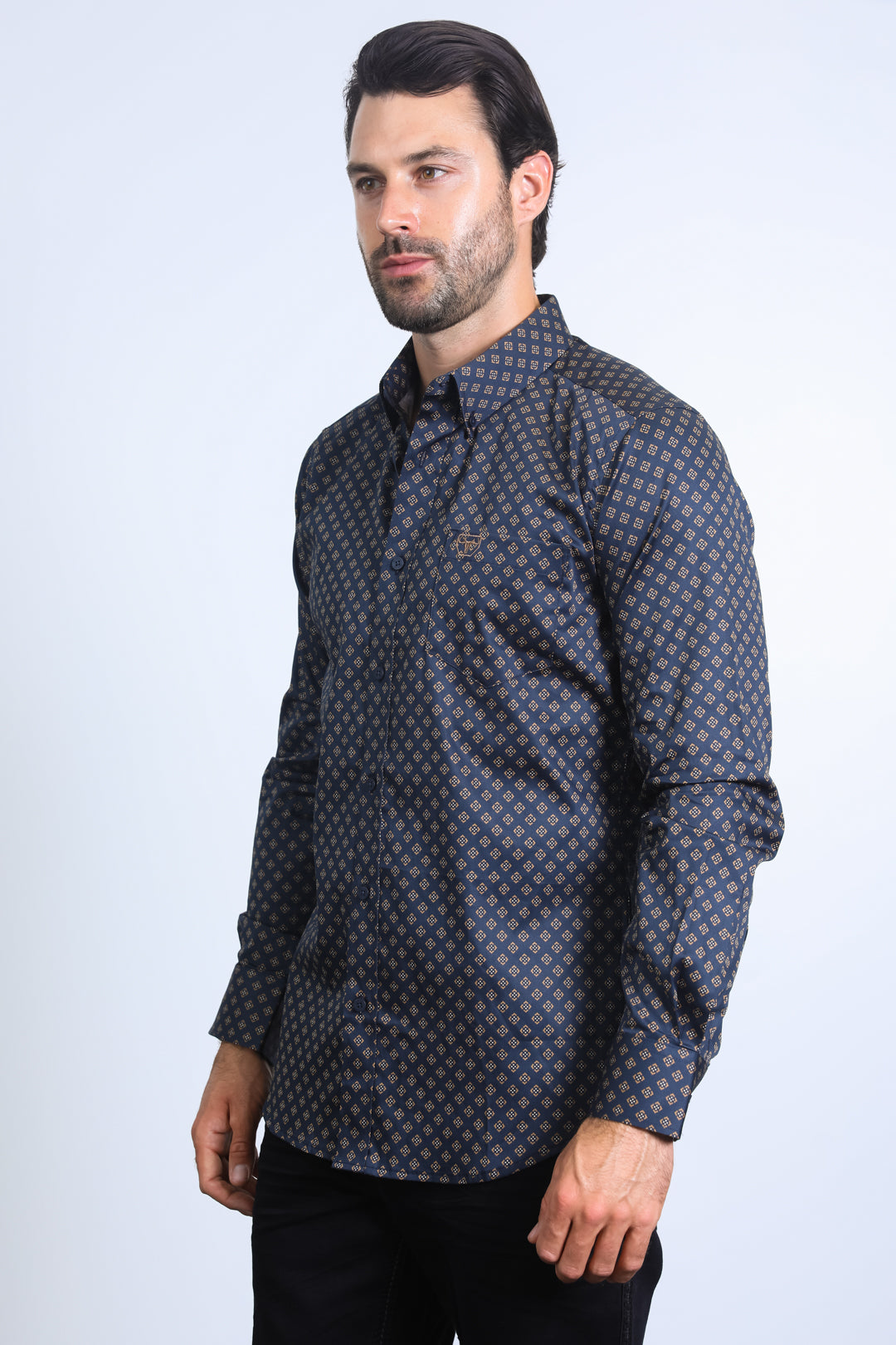 Mens Satin Cotton Modern Fit Navy Long Sleeve Shirt