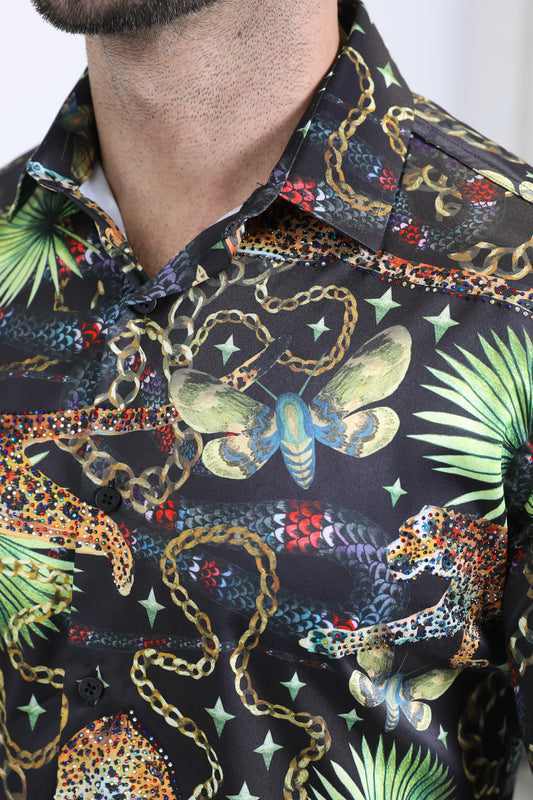 black rhinestone tropical print shirt platini