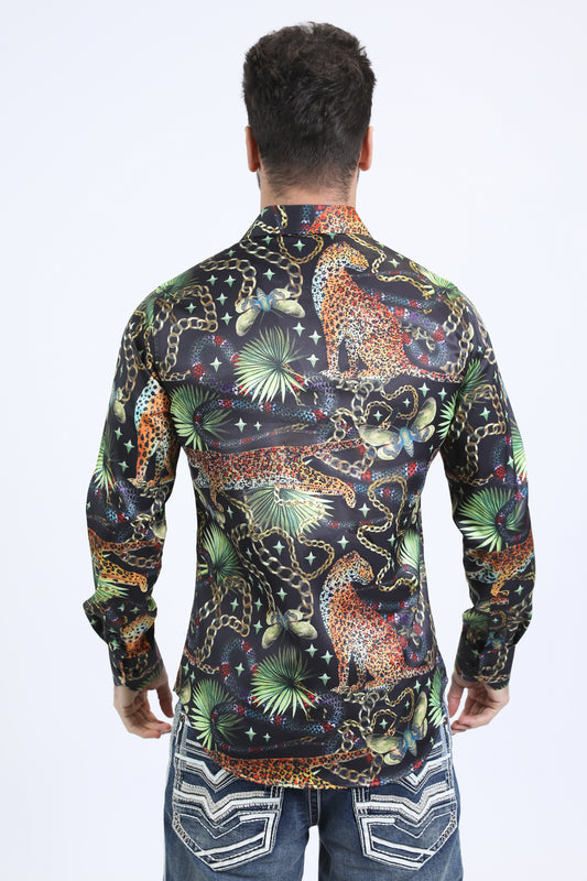 black rhinestone tropical print shirt platini