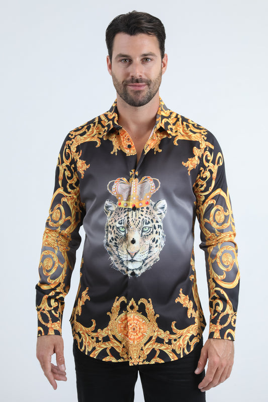 Black Satin Leopard Print Shirt with Rhinestones Applique Men