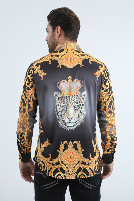 Black Satin Leopard Print Shirt with Rhinestones Applique Men