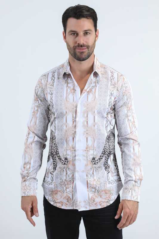 White Satin Leopard Print Shirt with Rhinestones Applique Men