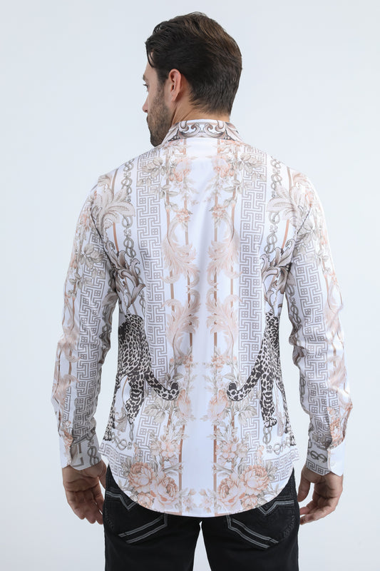 White Satin Leopard Print Shirt with Rhinestones Applique Men