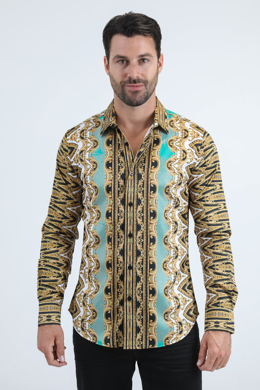 White Satin Baroque Print Shirt with Rhinestones Applique Men