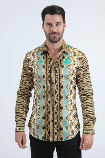 Mens Satin Baroque Print Shirt with Rhinestones Applique - White Platini Fashion Mens Satin Baroque Print Shirt with Rhinestones Applique - White Platini Fashion