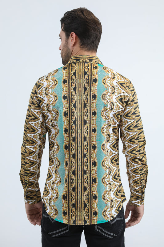 White Satin Baroque Print Shirt with Rhinestones Applique Men
