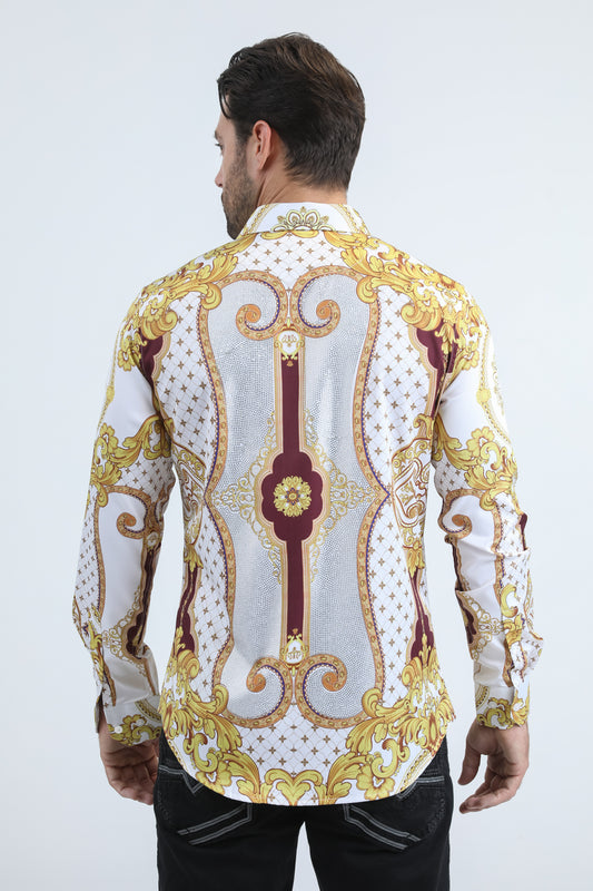 White Satin Ikat Print Shirt with Rhinestones Applique Men