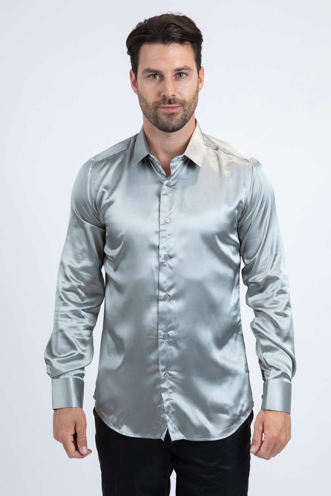 Men's Satin Silver Dress Shirt