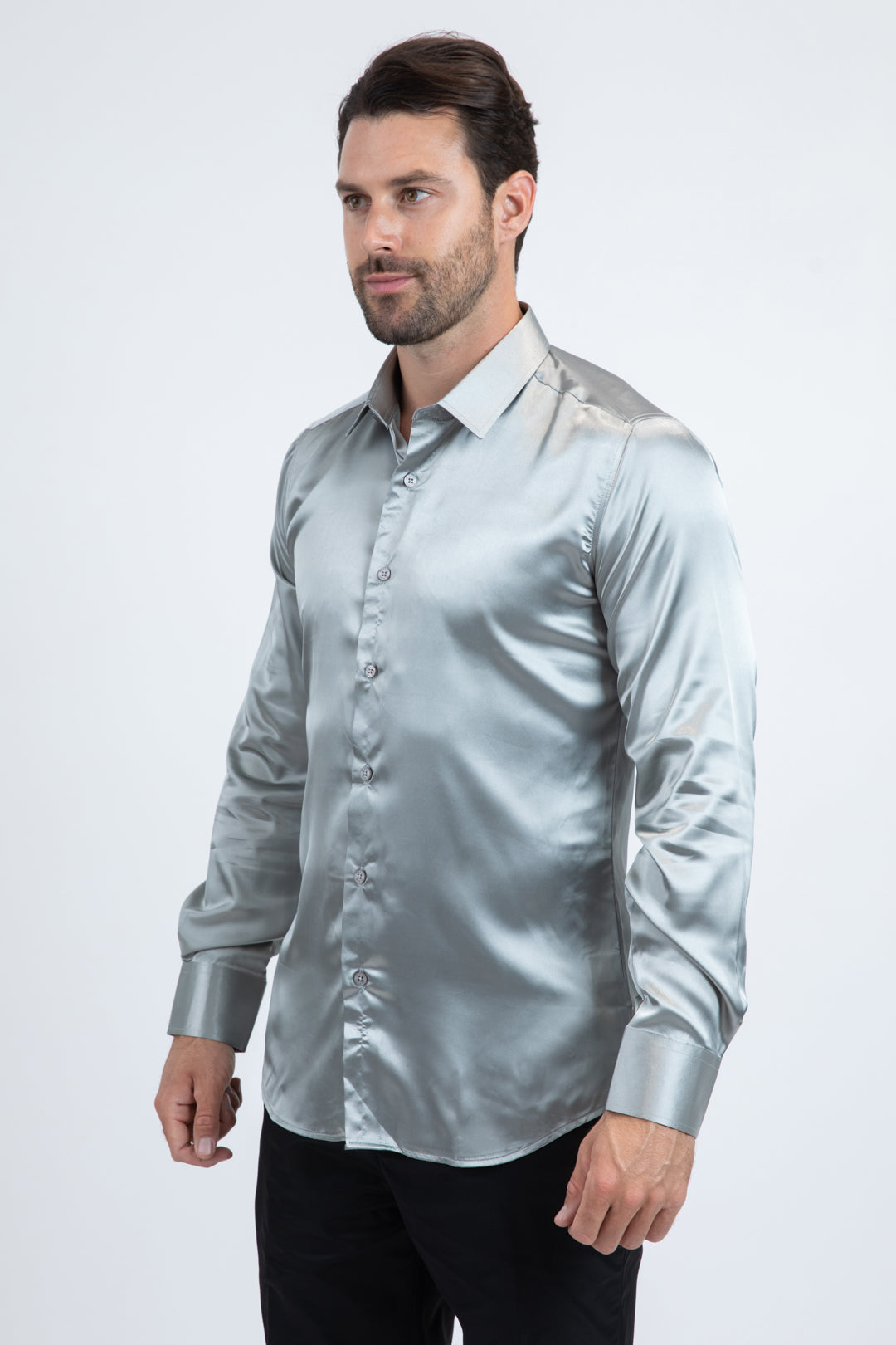 Men's Satin Silver Dress Shirt