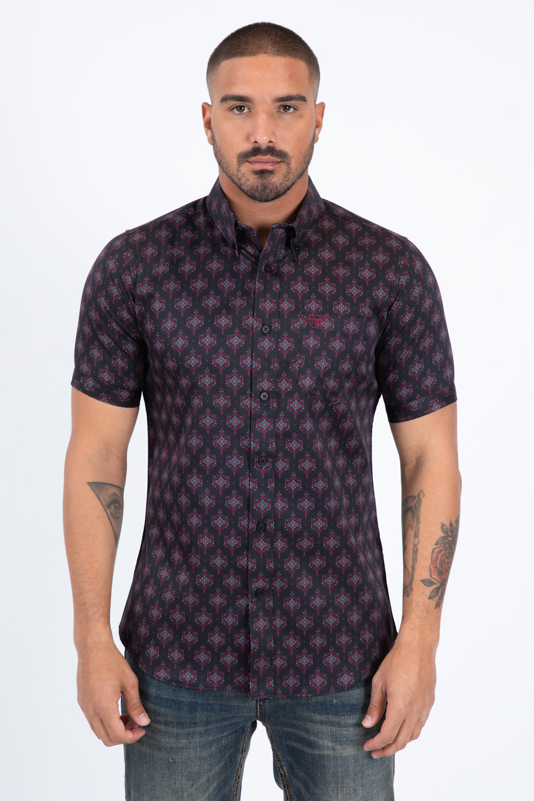 Black Short Sleeve Modern Fit Stretch Geometric Diamond Print Shirt Men