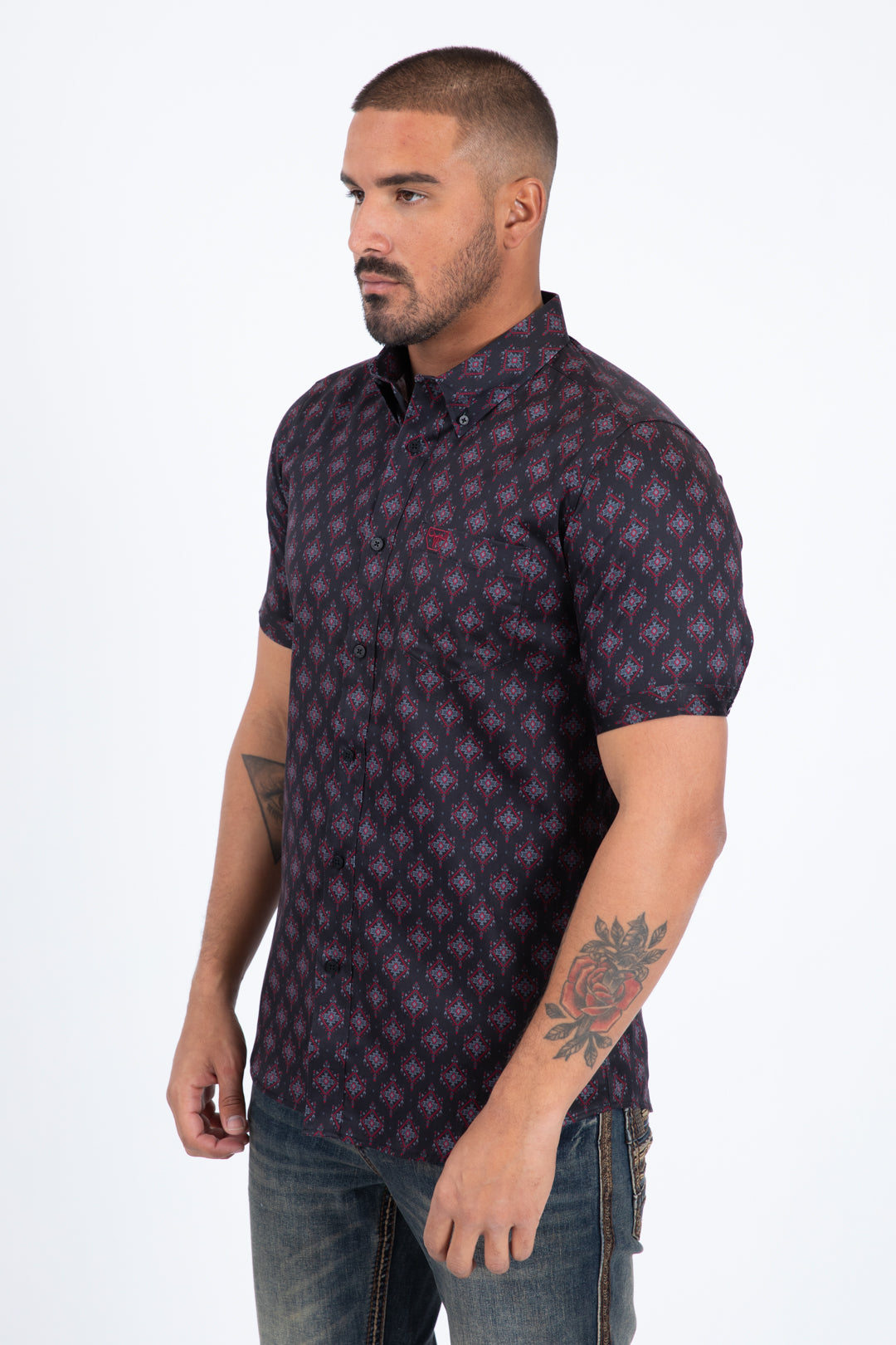 Black Short Sleeve Modern Fit Stretch Geometric Diamond Print Shirt Men