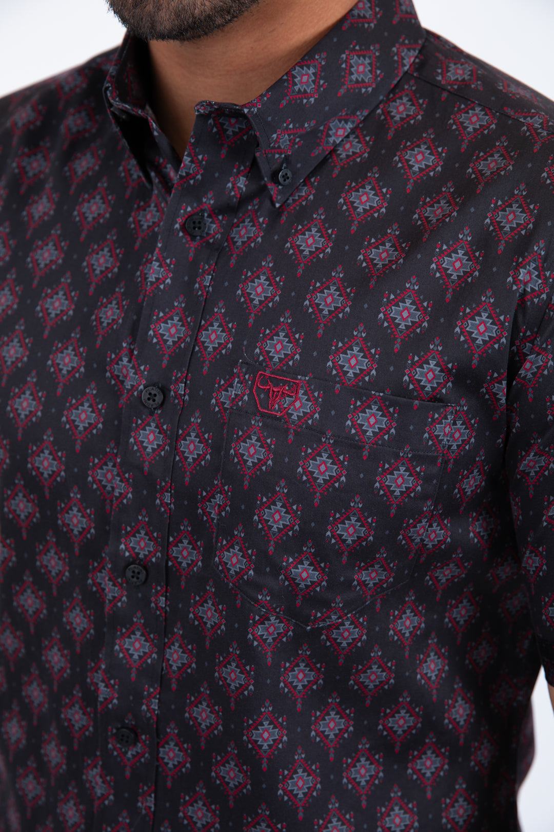 Black Short Sleeve Modern Fit Stretch Geometric Diamond Print Shirt Men