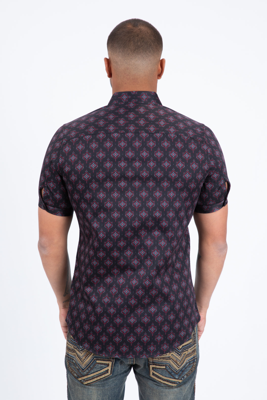Black Short Sleeve Modern Fit Stretch Geometric Diamond Print Shirt Men