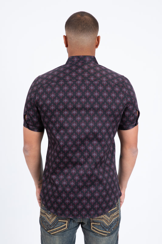 Black Short Sleeve Modern Fit Stretch Geometric Diamond Print Shirt Men