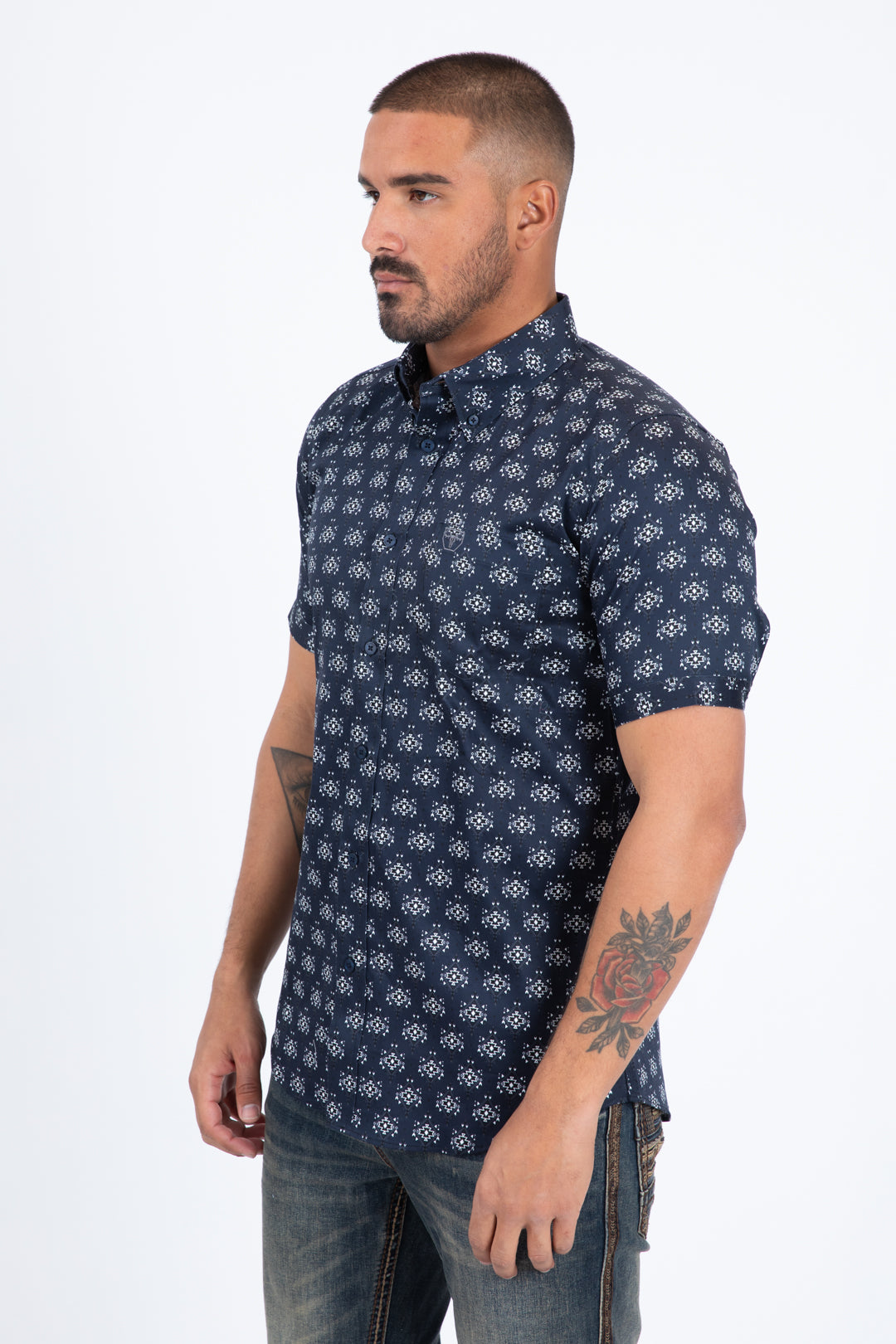 Navy Short Sleeve Modern Fit Stretch Geometric Diamond Print Shirt Men
