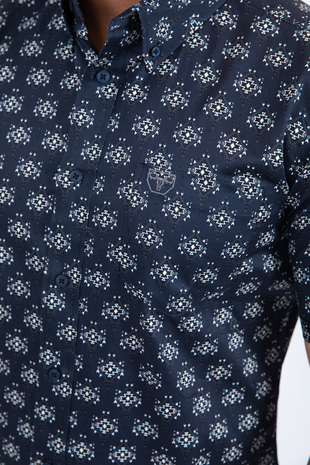 Navy Short Sleeve Modern Fit Stretch Geometric Diamond Print Shirt Men