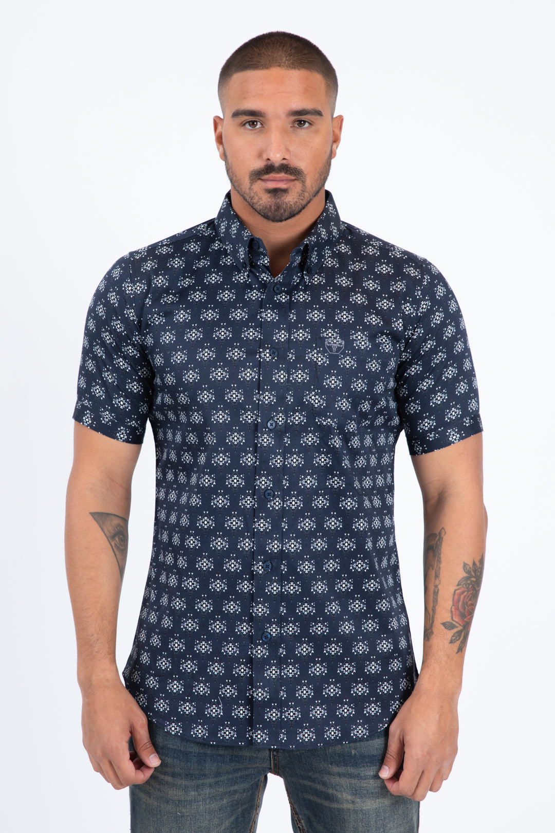 Navy Short Sleeve Modern Fit Stretch Geometric Diamond Print Shirt Men