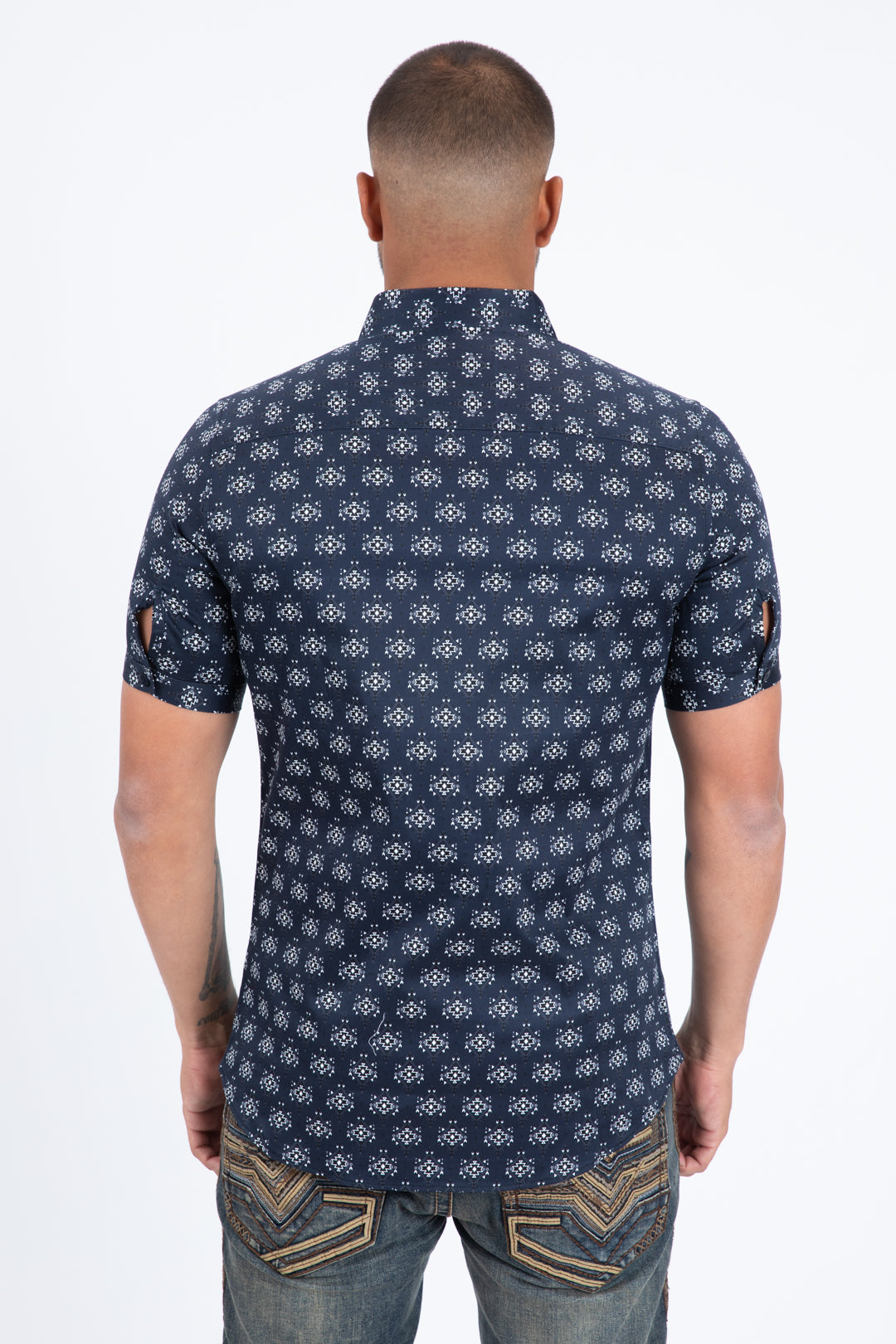 Navy Short Sleeve Modern Fit Stretch Geometric Diamond Print Shirt Men