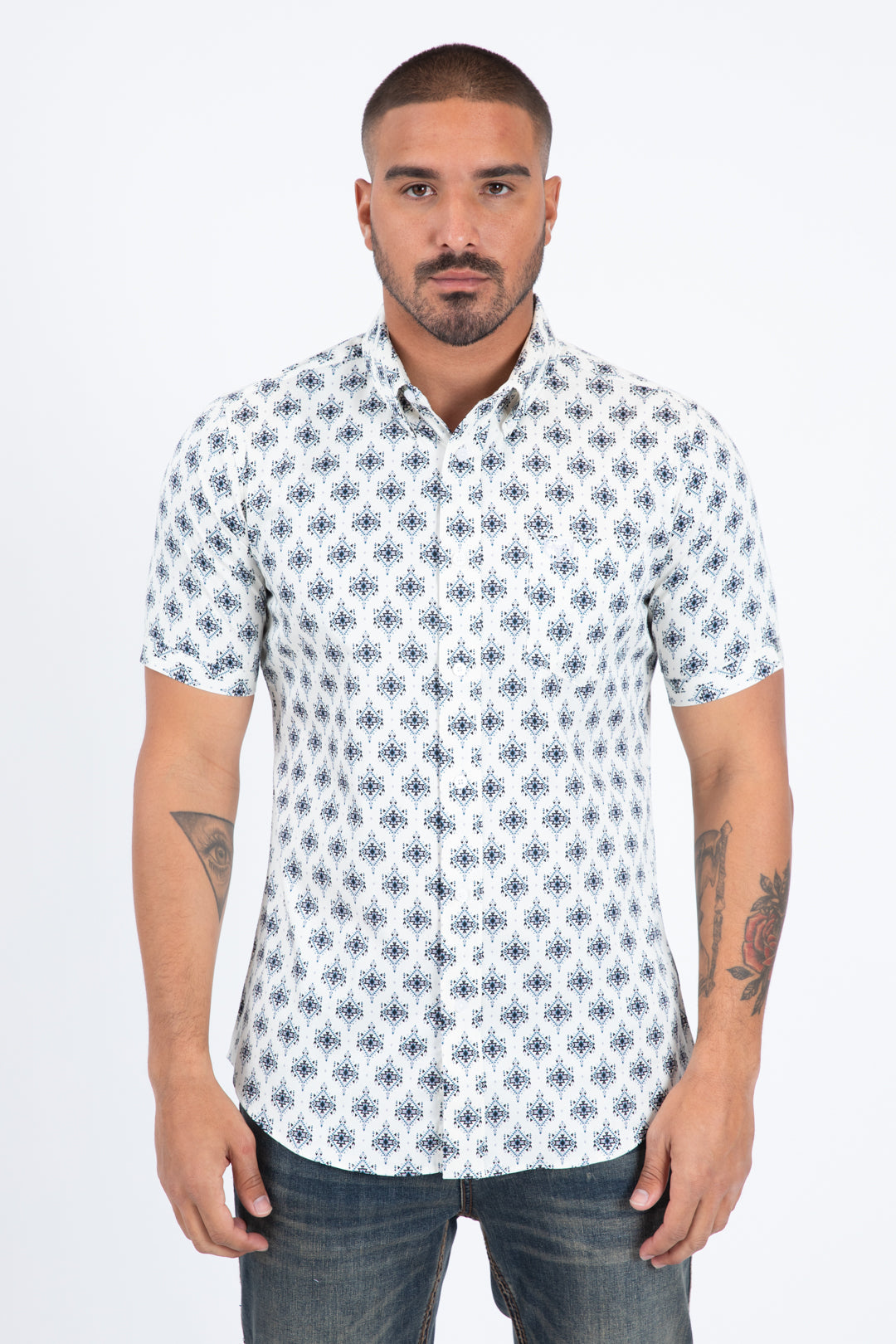 White Short Sleeve Modern Fit Stretch Geometric Diamond Print Shirt Men