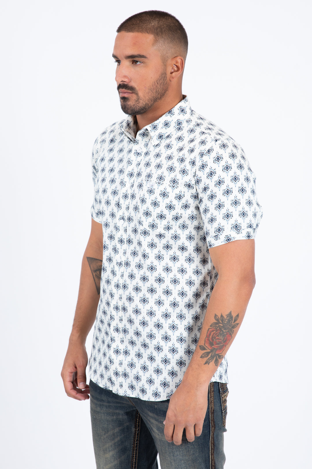 White Short Sleeve Modern Fit Stretch Geometric Diamond Print Shirt Men