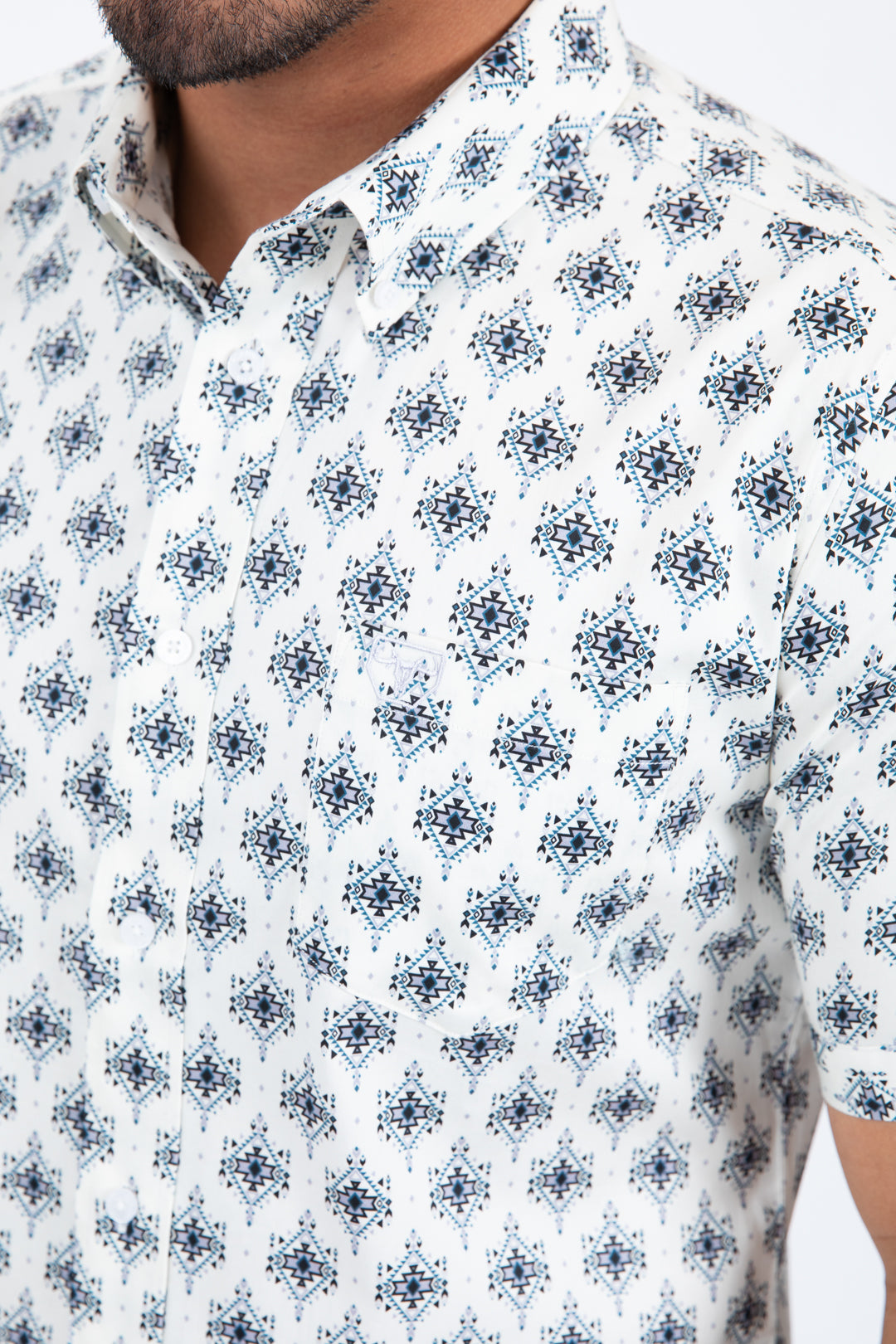White Short Sleeve Modern Fit Stretch Geometric Diamond Print Shirt Men