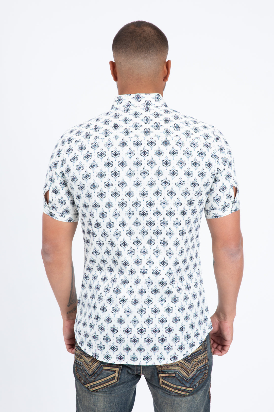 White Short Sleeve Modern Fit Stretch Geometric Diamond Print Shirt Men