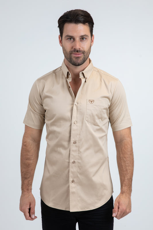 Men’s Single Pocket Logo Modern Fit Stretch Beige Short Sleeve Shirt