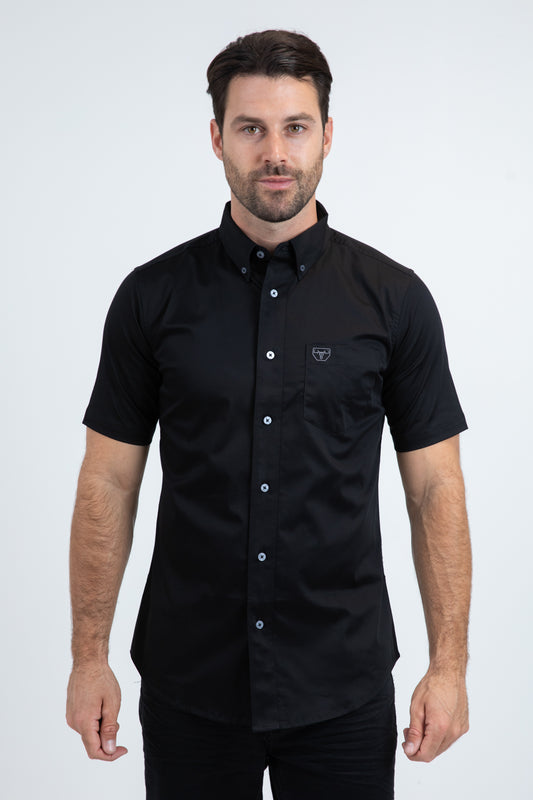 Men’s Single Pocket Logo Modern Fit Stretch Black Short Sleeve Shirt