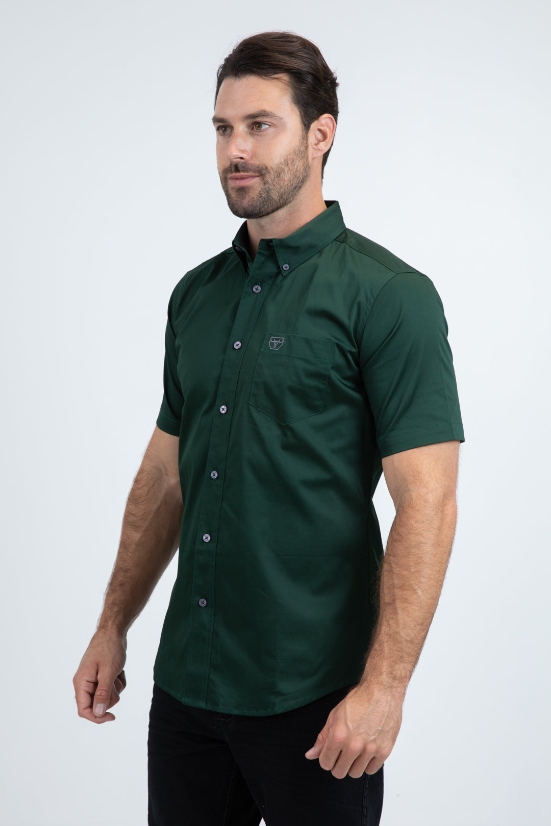 Men’s Single Pocket Logo Modern Fit Stretch Green Short Sleeve Shirt