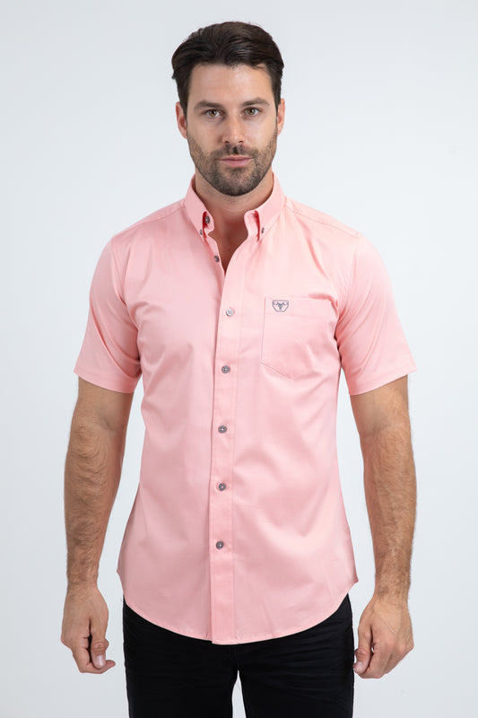 Men’s Single Pocket Logo Modern Fit Stretch Pink Short Sleeve Shirt