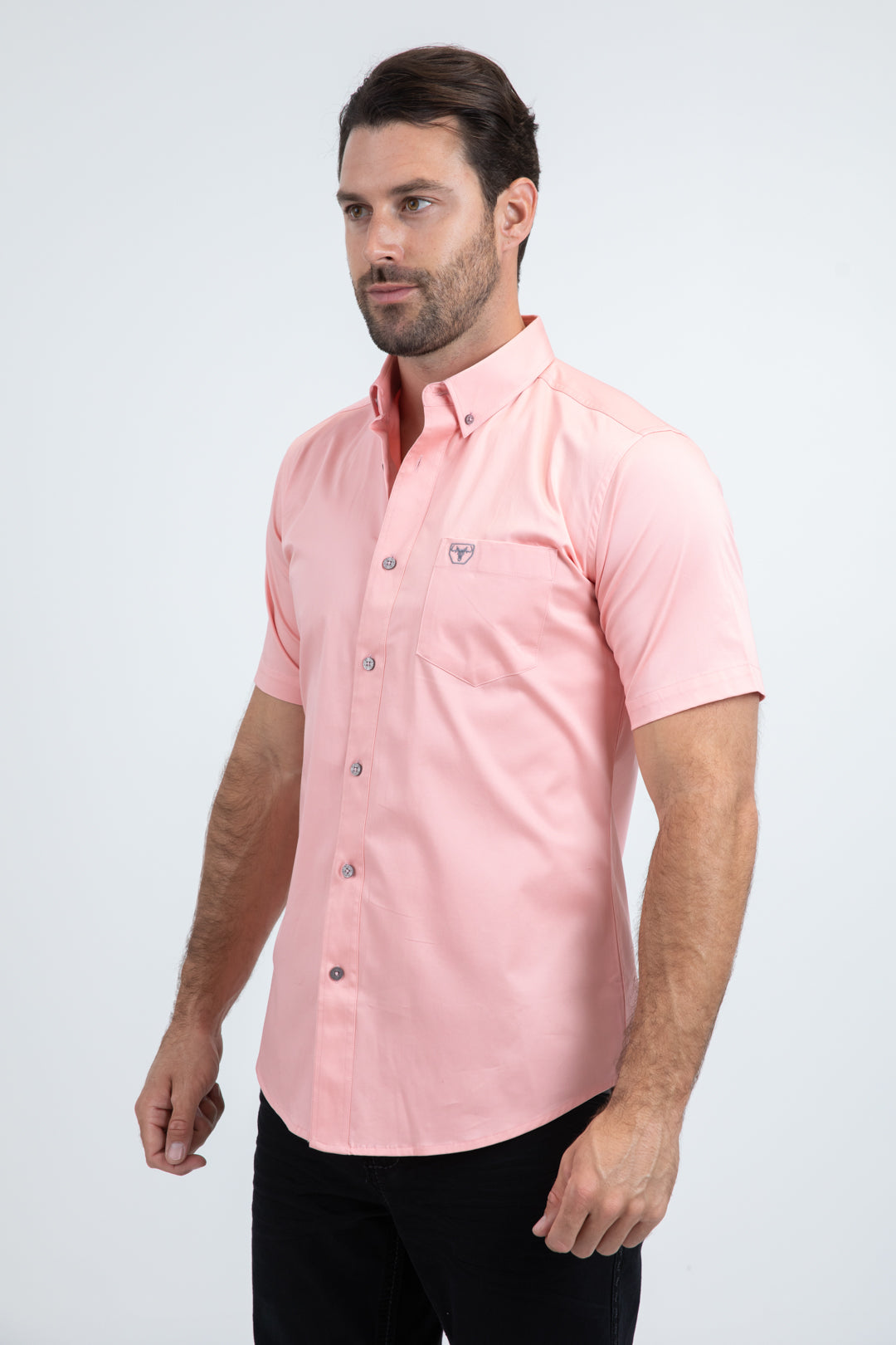 Men’s Single Pocket Logo Modern Fit Stretch Pink Short Sleeve Shirt
