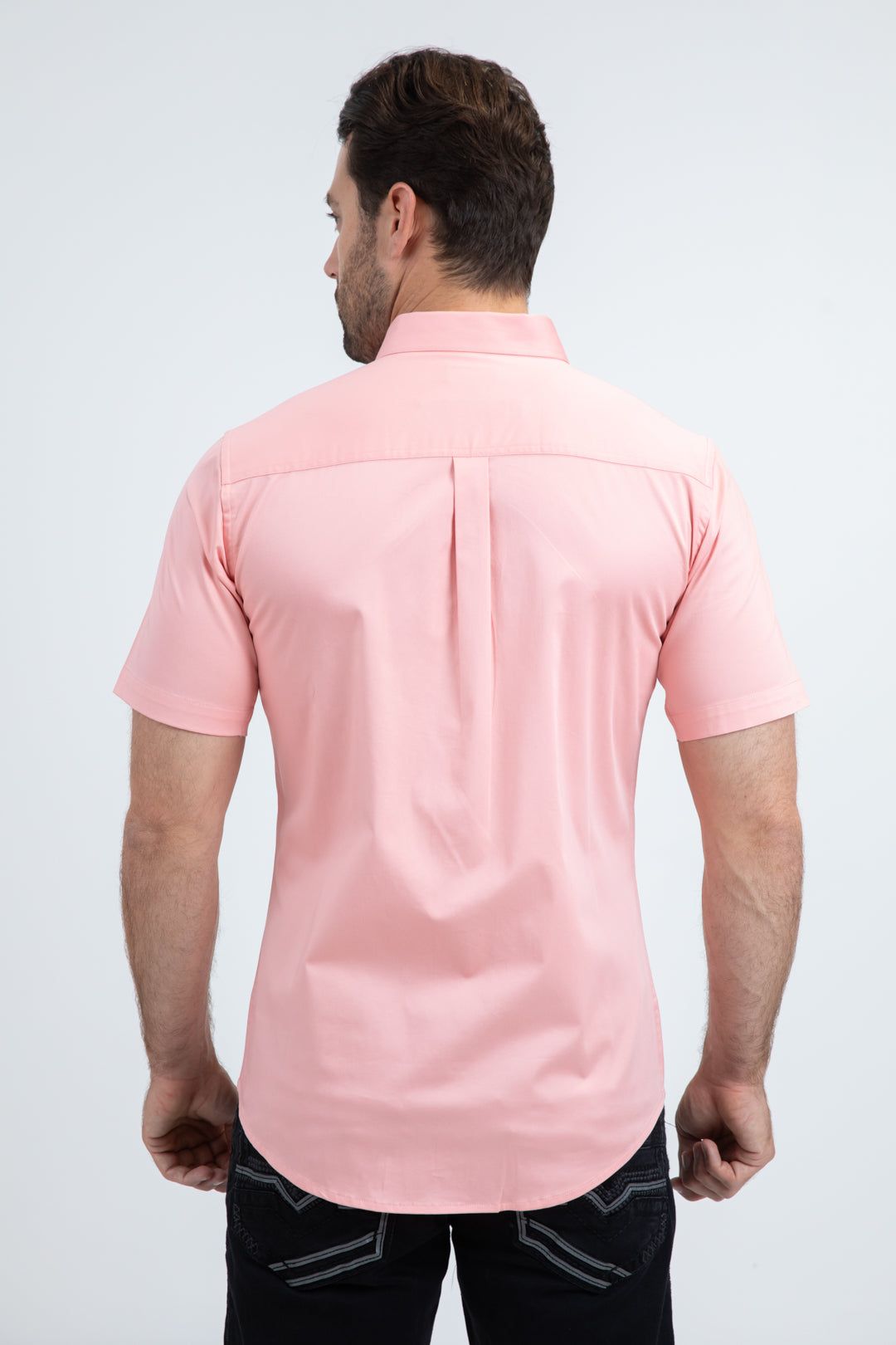 Men’s Single Pocket Logo Modern Fit Stretch Pink Short Sleeve Shirt