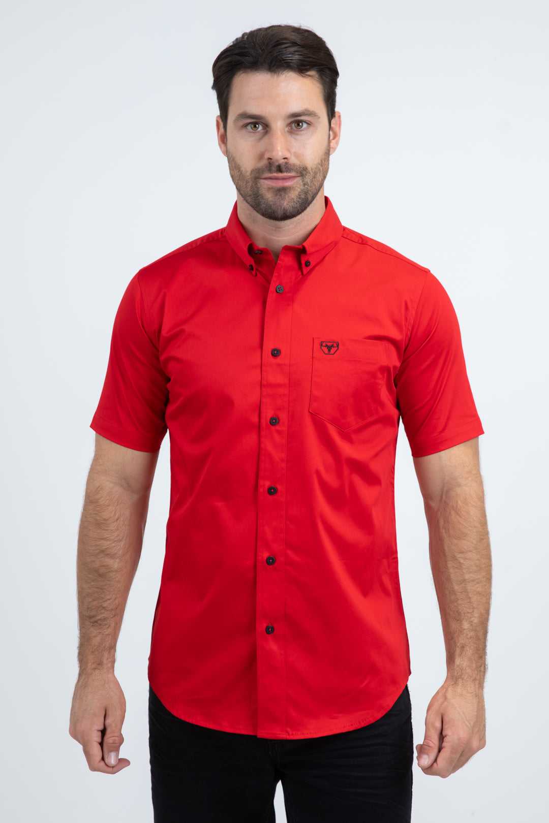 Men’s Single Pocket Logo Modern Fit Stretch Red Short Sleeve Shirt
