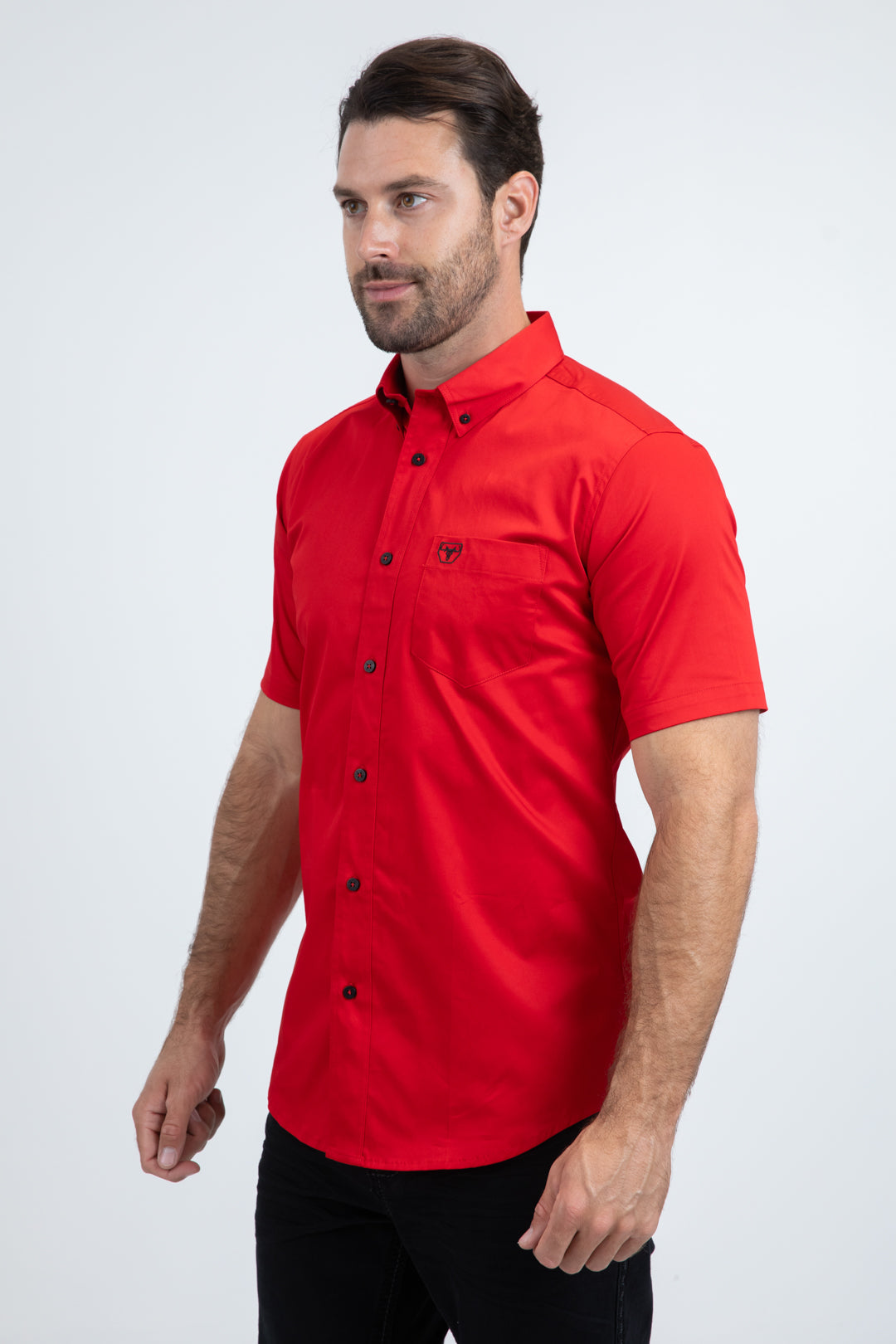 Men’s Single Pocket Logo Modern Fit Stretch Red Short Sleeve Shirt