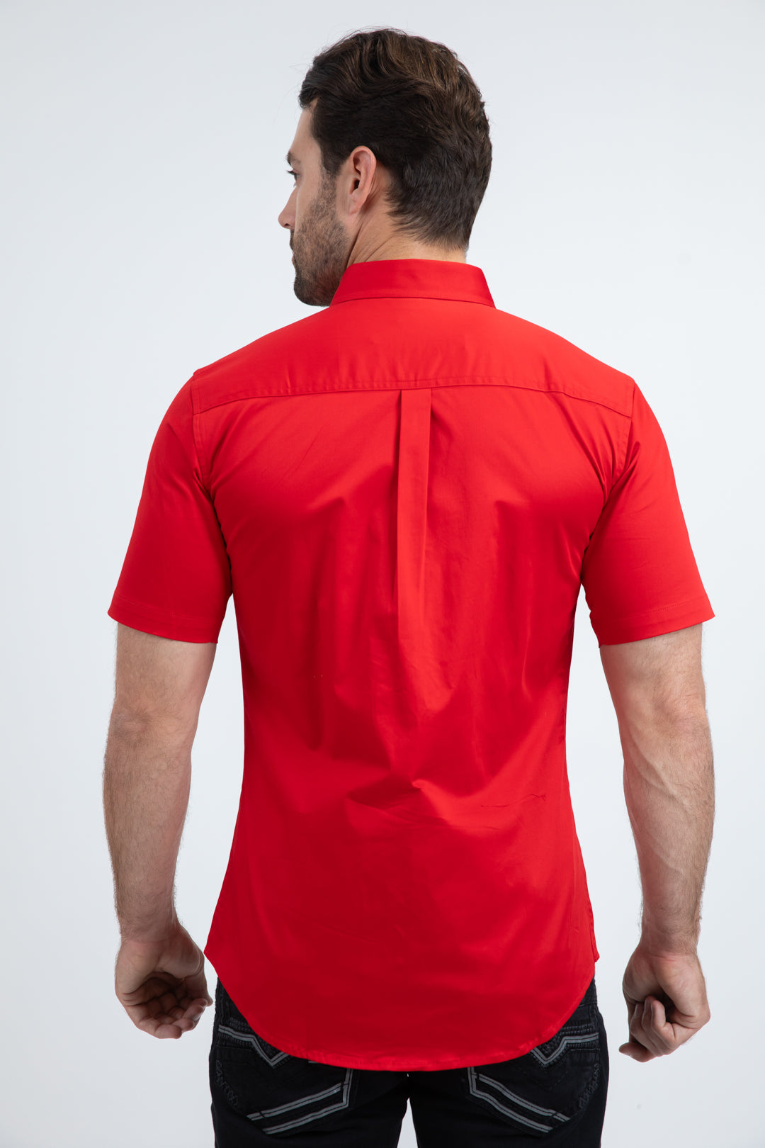 Men’s Single Pocket Logo Modern Fit Stretch Red Short Sleeve Shirt