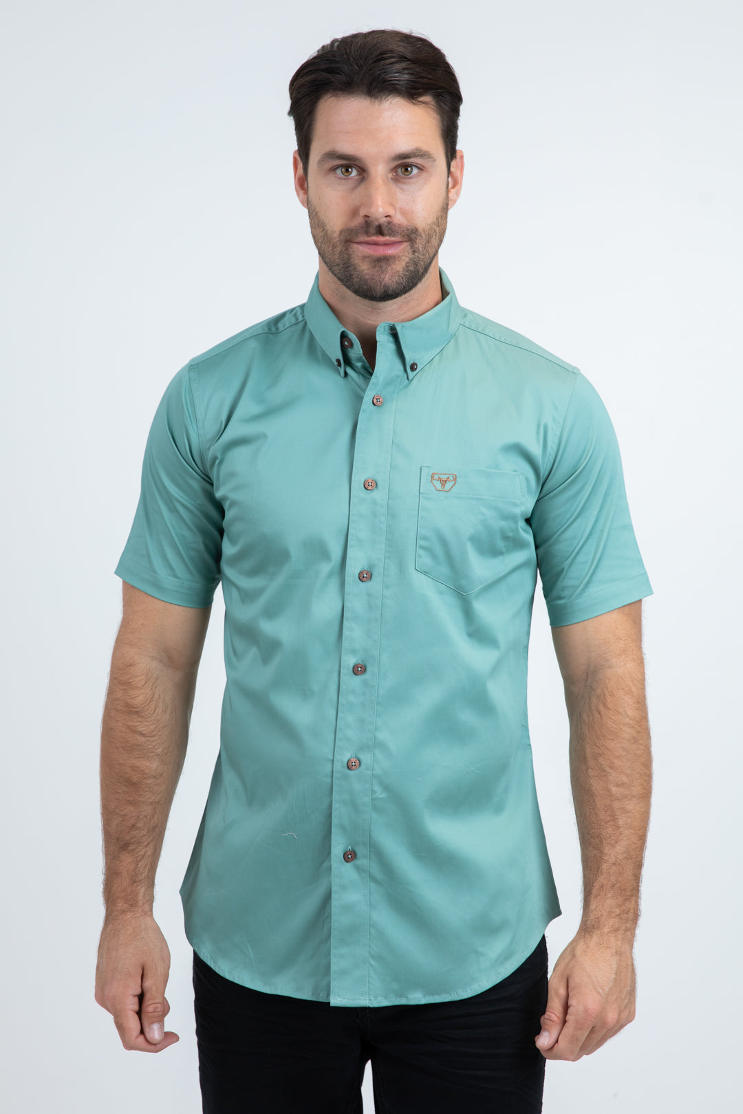 Men’s Single Pocket Logo Modern Fit Stretch Turquoise Short Sleeve Shirt