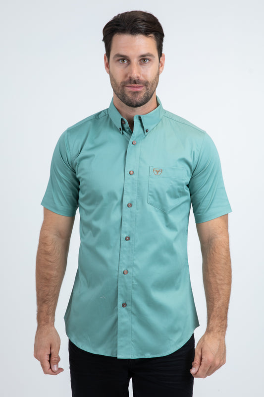 Men’s Single Pocket Logo Modern Fit Stretch Turquoise Short Sleeve Shirt