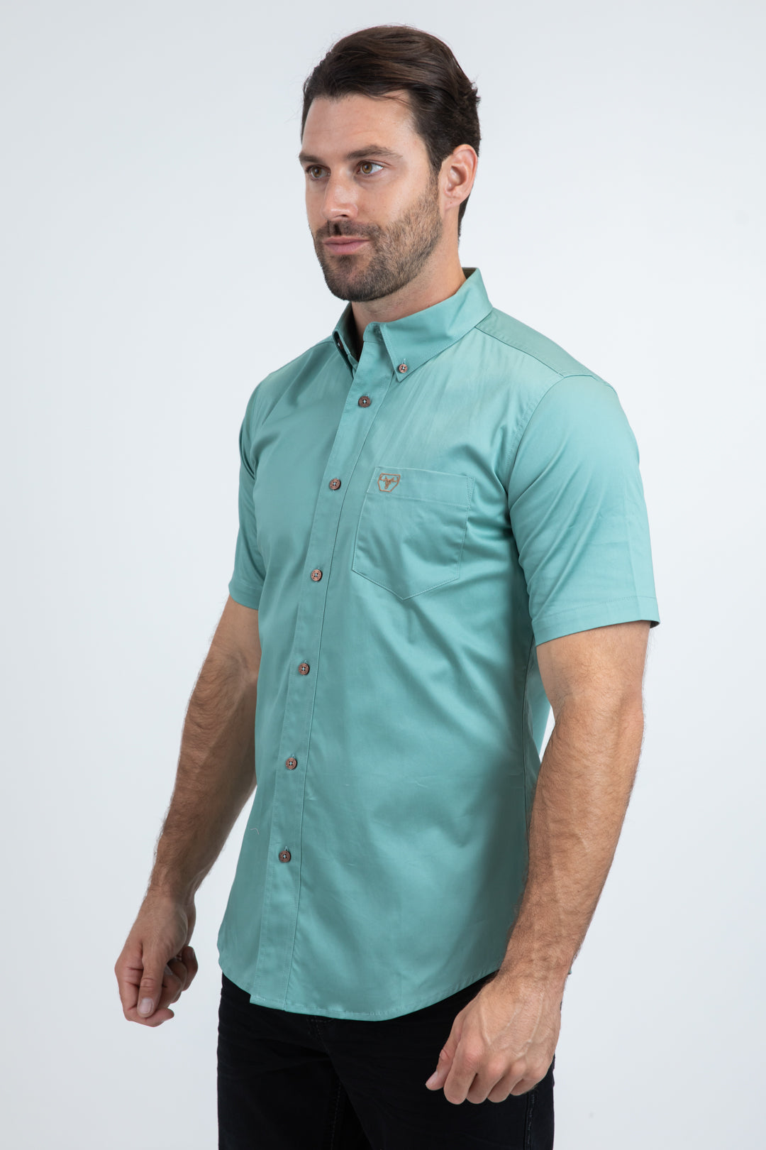 Men’s Single Pocket Logo Modern Fit Stretch Turquoise Short Sleeve Shirt