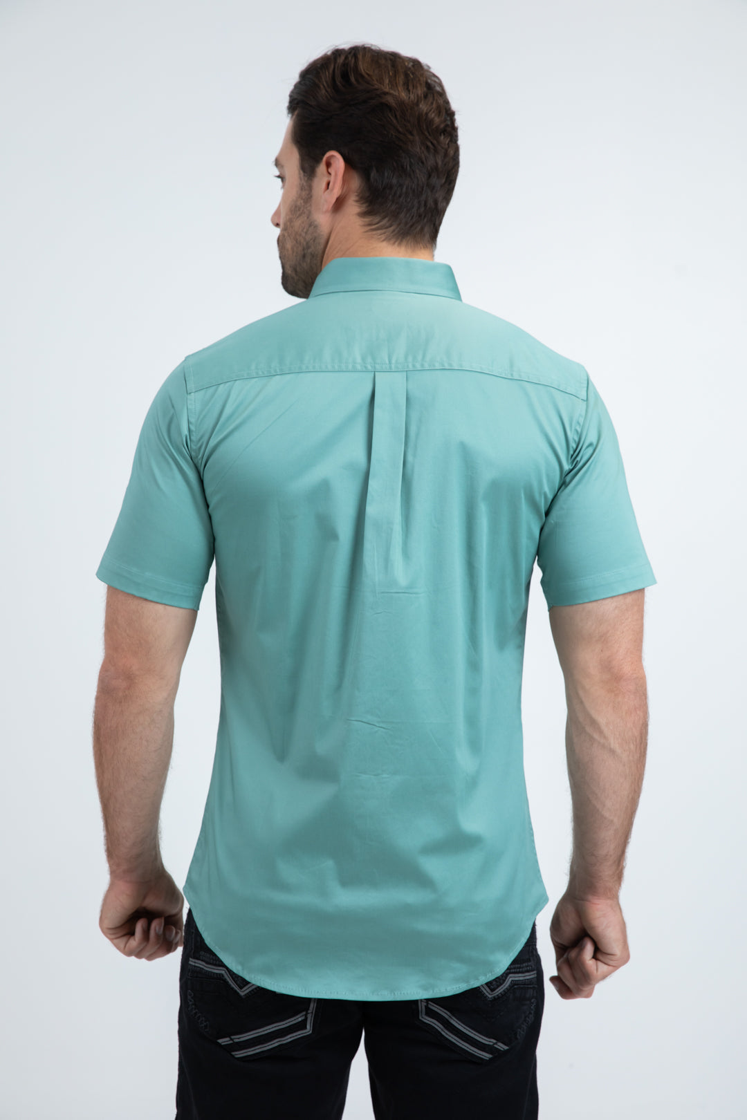 Men’s Single Pocket Logo Modern Fit Stretch Turquoise Short Sleeve Shirt