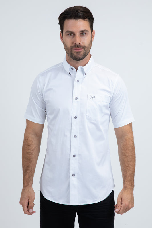 Men’s Single Pocket Logo Modern Fit Stretch White Short Sleeve Shirt