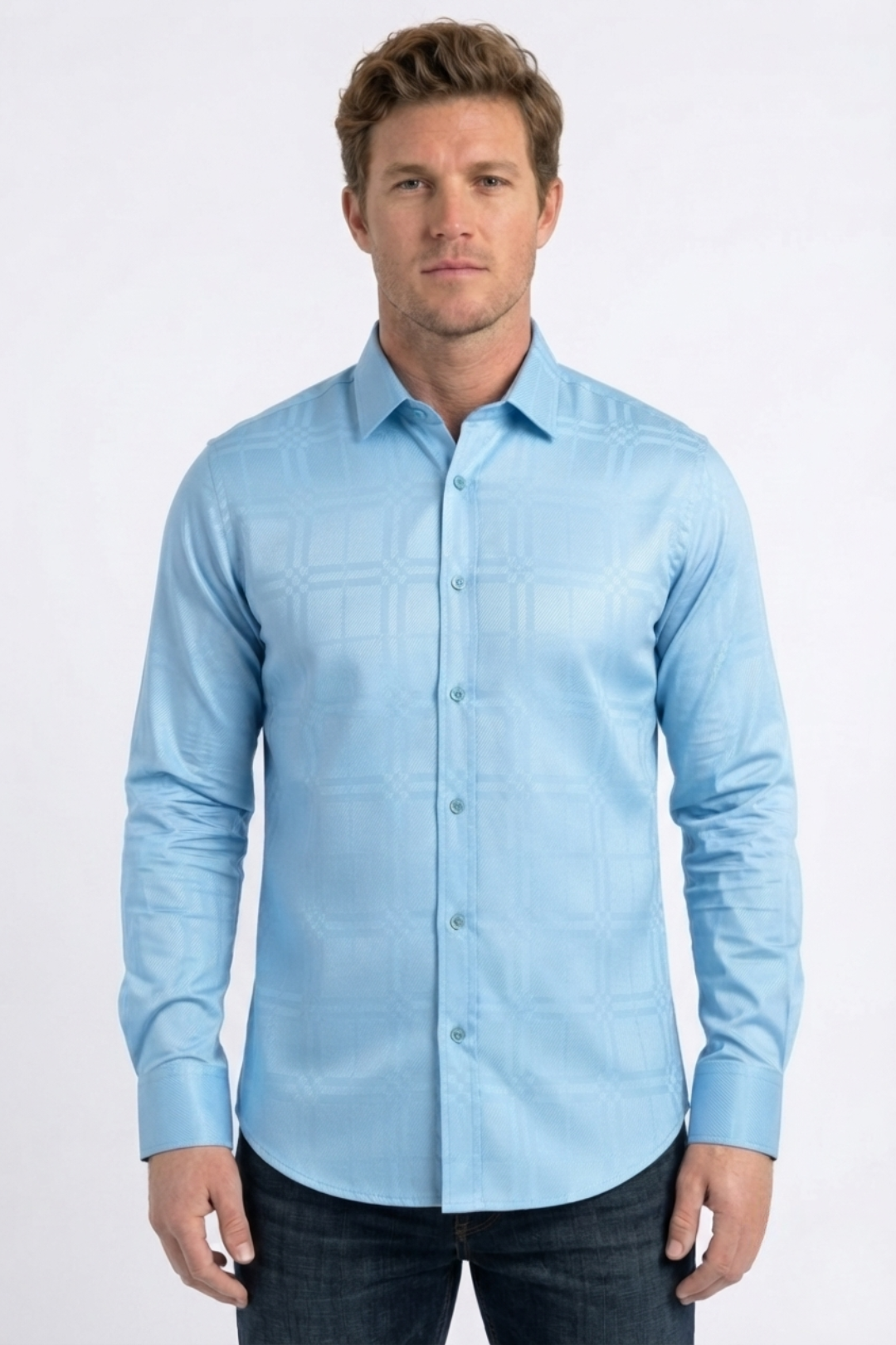 sky blue geometric plaid jacquard dress shirt men platini front