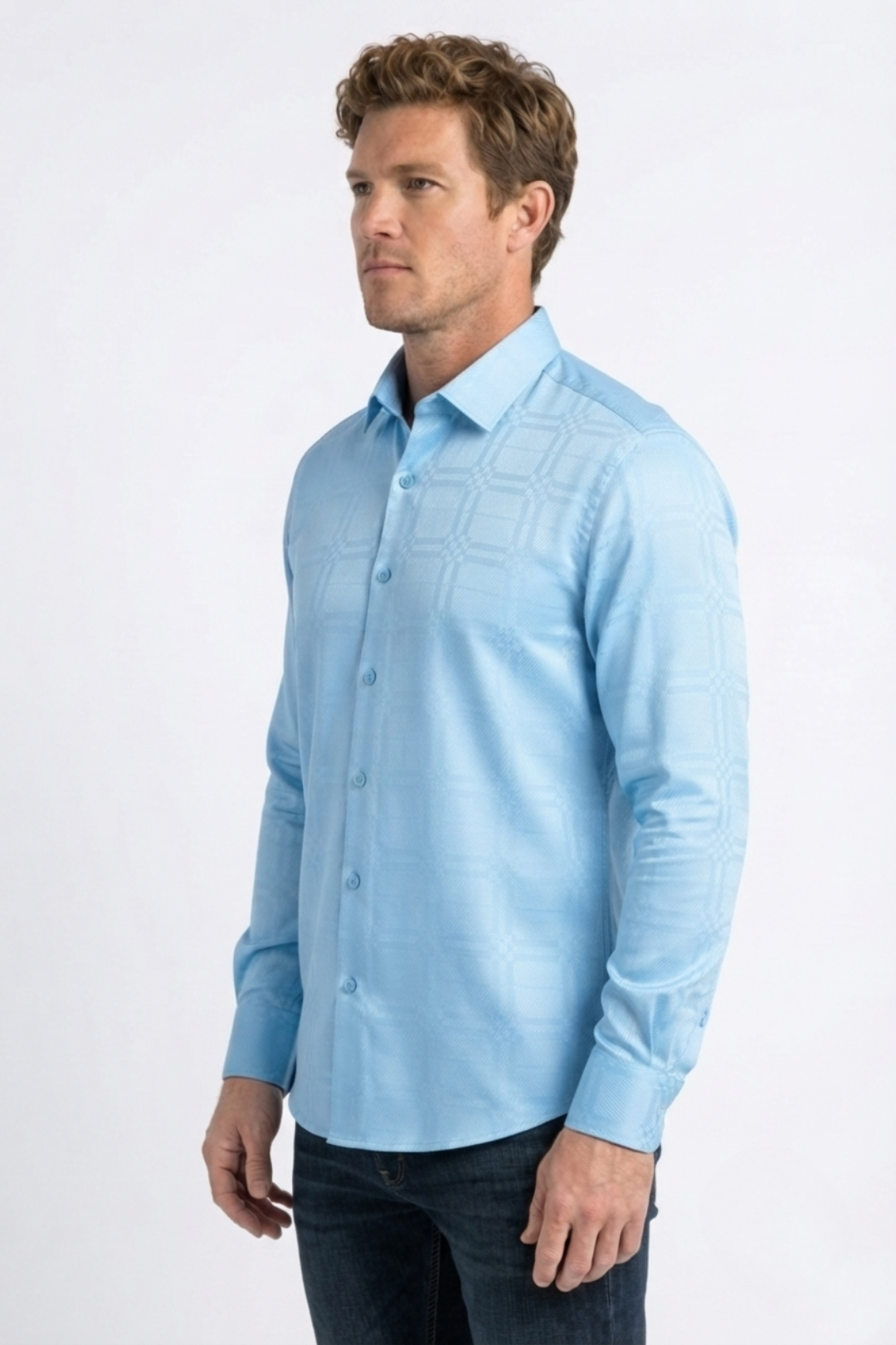sky blue geometric plaid jacquard dress shirt men platini detail
